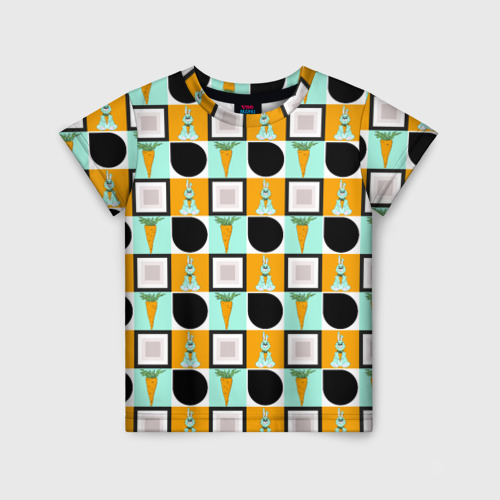 Детская футболка 3D с принтом Зайка и морковка, геометрический паттерн, вид спереди #2