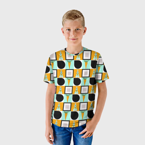 Детская футболка 3D с принтом Зайка и морковка, геометрический паттерн, фото на моделе #1