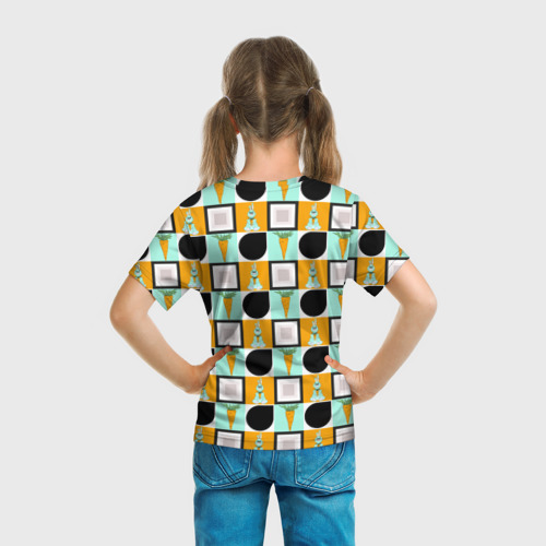 Детская футболка 3D с принтом Зайка и морковка, геометрический паттерн, вид сзади #2