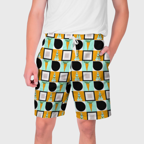Мужские шорты 3D с принтом Зайка и морковка, геометрический паттерн, вид спереди #2