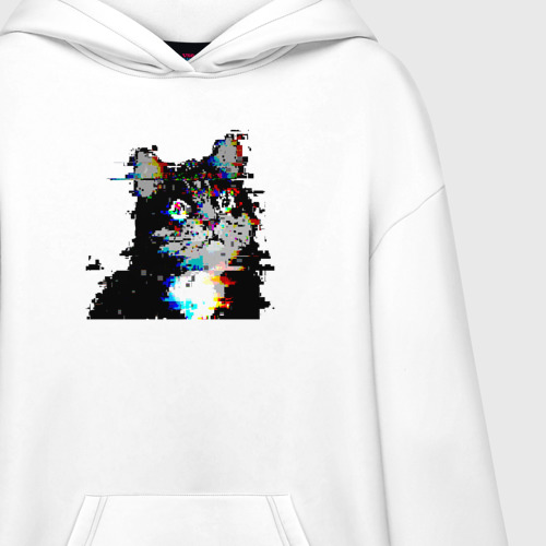 Худи SuperOversize хлопок Glitch pixel 32-bit cat, цвет белый - фото 3