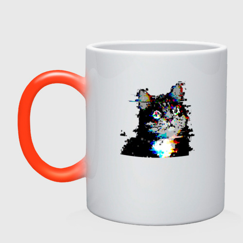 Кружка хамелеон Glitch pixel 32-bit cat, цвет белый + красный
