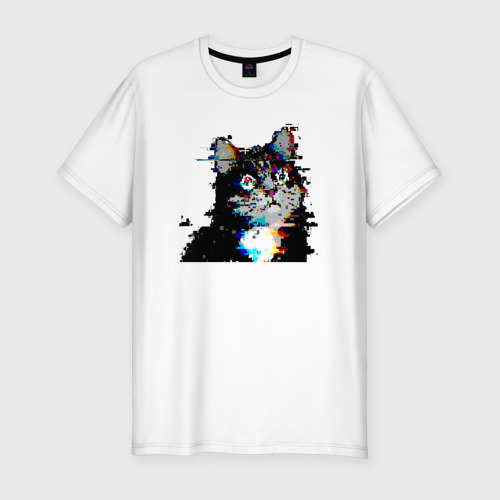 Мужская футболка хлопок Slim Glitch pixel 32-bit cat, цвет белый