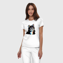 Женская пижама хлопок Glitch pixel 32-bit cat - фото 2