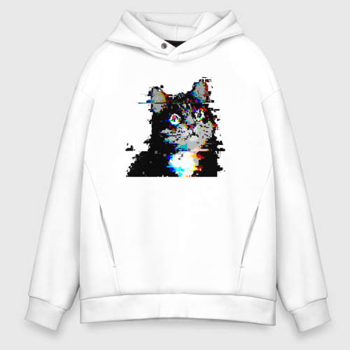 Мужское худи Oversize хлопок Glitch pixel 32-bit cat, цвет белый