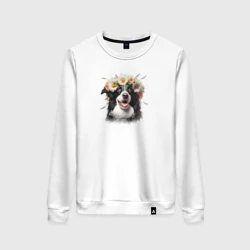 Женский свитшот хлопок Бордер-колли в венке из цветов