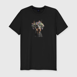 Мужская футболка хлопок Slim Доберман в венке из цветов