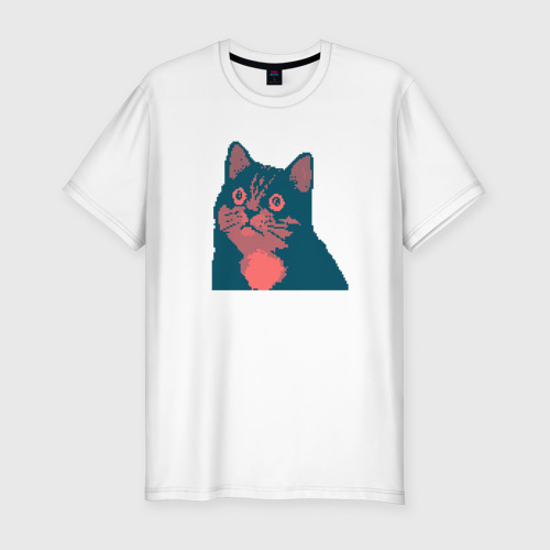 Мужская футболка хлопок Slim с принтом Vintage pixel cat, вид спереди #2