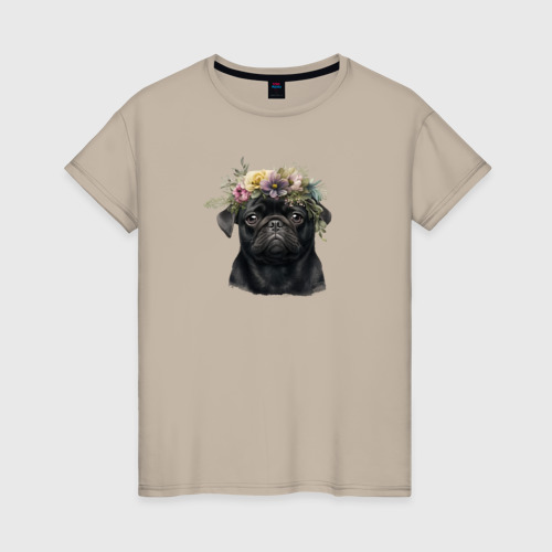 Женская футболка хлопок с принтом Мопс черный в венке из цветов, вид спереди #2