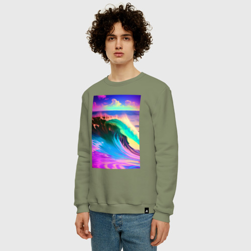 Мужской свитшот хлопок с принтом Неоновая волна - тихий океан, фото на моделе #1