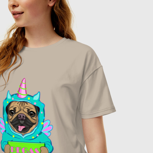 Женская футболка хлопок Oversize Мопс пегас, цвет миндальный - фото 3