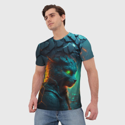 Мужская футболка 3D Кот из разломленных неоновых плит - фото 2