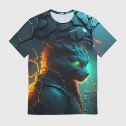 Мужская футболка 3D Кот из разломленных неоновых плит