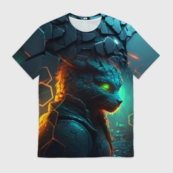 Мужская футболка 3D Кот из разломленных неоновых плит