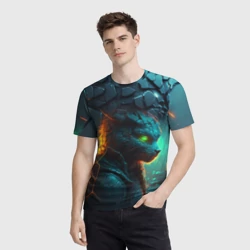 Мужская футболка 3D Кот из разломленных неоновых плит - фото 2