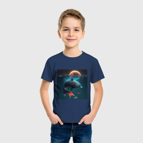 Детская футболка хлопок с принтом Морской волк-рыба, фото на моделе #1