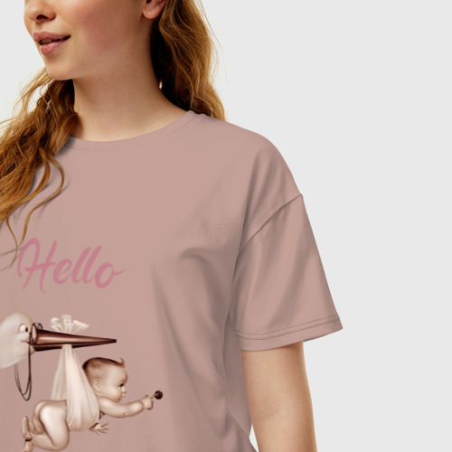Женская футболка хлопок Oversize Привет, мамочка - аист и малыш, цвет пыльно-розовый - фото 3