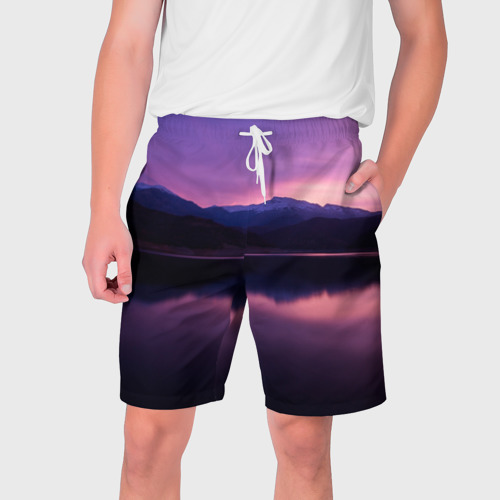 Мужские шорты 3D Тёмное фиолетовое небо и озеро, цвет 3D печать