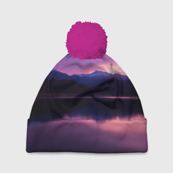 Шапка 3D c помпоном Тёмное фиолетовое небо и озеро
