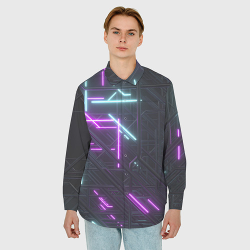 Мужская рубашка oversize 3D с принтом Неоновые полосы, фото на моделе #1