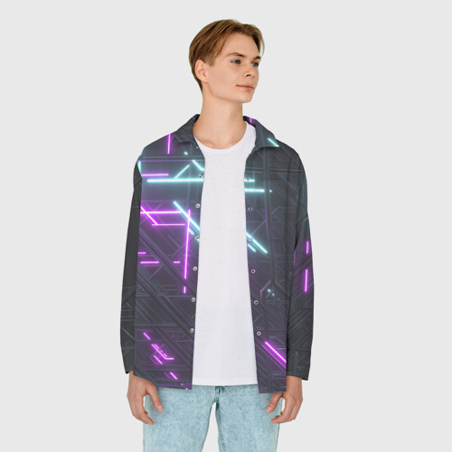 Мужская рубашка oversize 3D с принтом Неоновые полосы, вид сбоку #3
