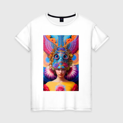 Женская футболка из хлопка с принтом Girl in an art helmet - neural network, вид спереди №1