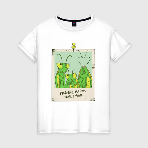 Женская футболка хлопок с принтом Praying mantis family photo, вид спереди #2