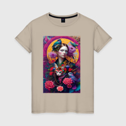 Девушка с птицами и кошкой - нейросеть – Женская футболка хлопок с принтом купить со скидкой в -20%