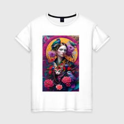 Девушка с птицами и кошкой - нейросеть – Женская футболка хлопок с принтом купить со скидкой в -20%