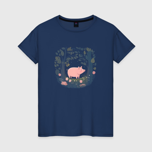 Женская футболка из хлопка с принтом Свинка в лесу, вид спереди №1