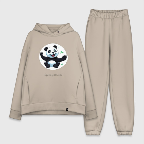 Женский костюм хлопок Oversize с принтом Забавный малыш панды, вид спереди #2