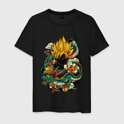 Мужская футболка из хлопка с принтом Dragon ball дракон и цветы, вид спереди №1
