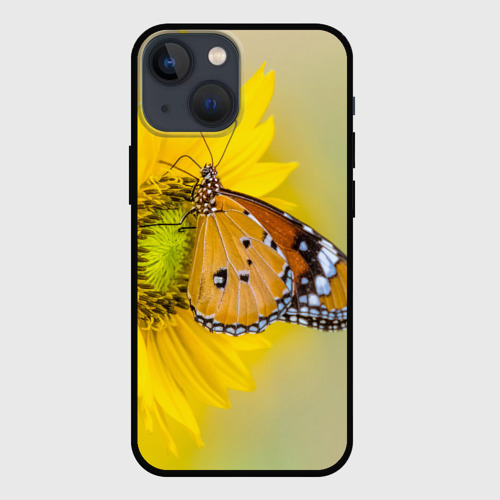 Чехол для iPhone 13 mini с принтом Бабочка на цветочке, вид спереди #2