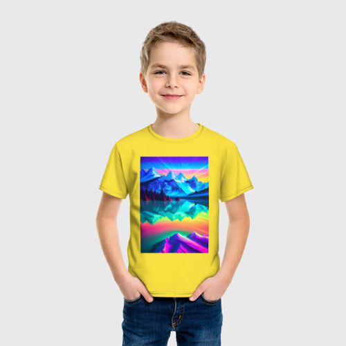 Детская футболка хлопок Горы отражаются в озере, цвет желтый - фото 3