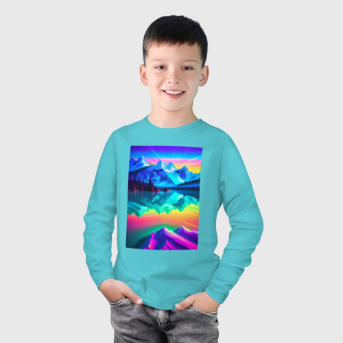 Детский лонгслив хлопок Горы отражаются в озере, цвет бирюзовый - фото 3