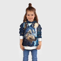 Толстовка с принтом Волк на синем фоне для ребенка, вид на модели спереди №3. Цвет основы: белый