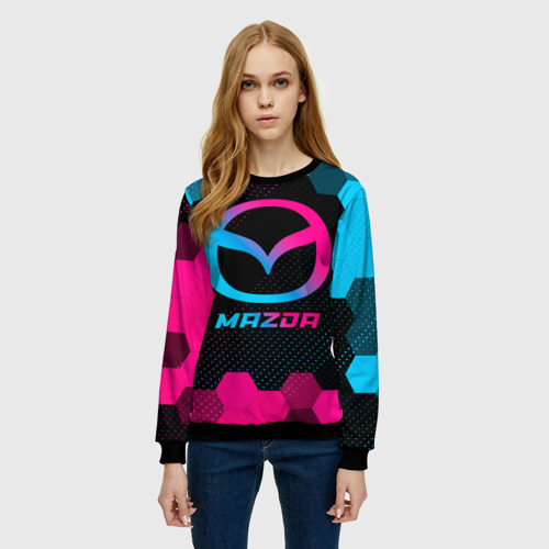 Женский свитшот 3D с принтом Mazda - neon gradient, фото на моделе #1