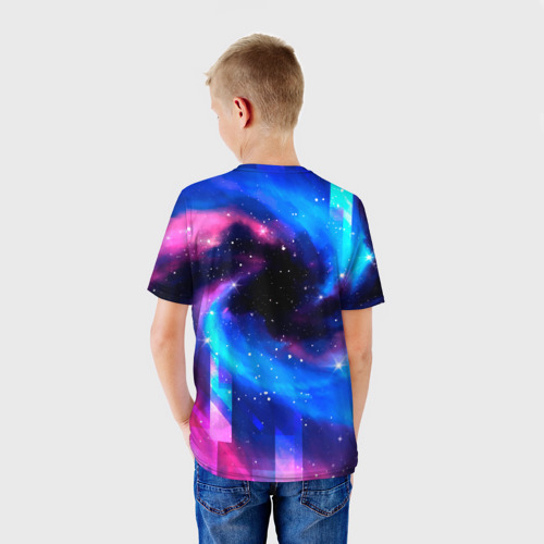 Детская футболка 3D с принтом Portal неоновый космос, вид сзади #2