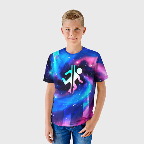 Детская футболка 3D с принтом Portal неоновый космос, фото на моделе #1