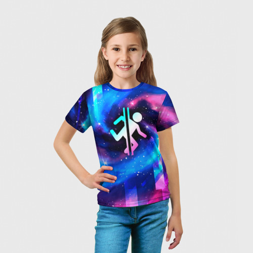 Детская футболка 3D с принтом Portal неоновый космос, вид сбоку #3