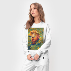 Костюм с принтом Abstract Vincent van Gogh - surrealism self-portrait для женщины, вид на модели спереди №3. Цвет основы: белый