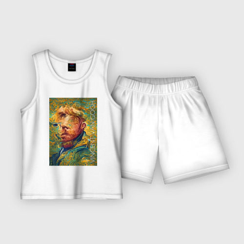 Детская пижама с шортами из хлопка с принтом Abstract Vincent van Gogh - surrealism self-portrait, вид спереди №1