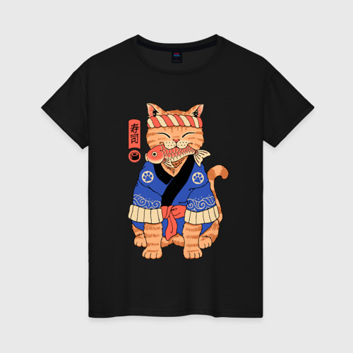 Женская футболка хлопок Кот с рыбой в японском стиле, цвет черный