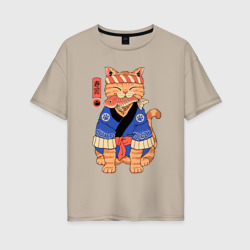 Кот с рыбой в японском стиле – Женская футболка хлопок Oversize с принтом купить со скидкой в -16%