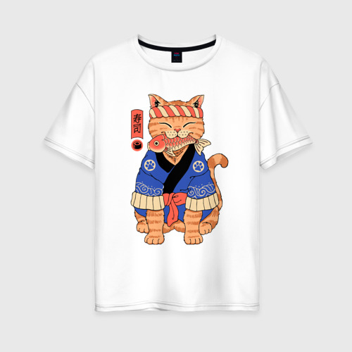 Женская футболка из хлопка оверсайз с принтом Кот с рыбой в японском стиле, вид спереди №1
