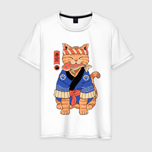 Мужская футболка из хлопка с принтом Кот с рыбой в японском стиле, вид спереди №1