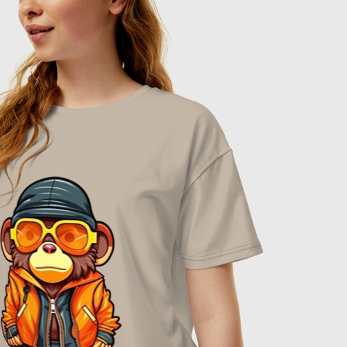 Женская футболка хлопок Oversize Обезьяна крупным планом в солнечных очках, цвет миндальный - фото 3