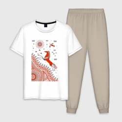 Мужская пижама с белой футболкой хлопок Мезенский конь