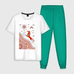 Мужская пижама с белой футболкой хлопок Мезенский конь