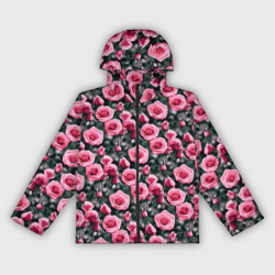 Кусты розовых роз на сером фоне – Женская ветровка 3D с принтом купить